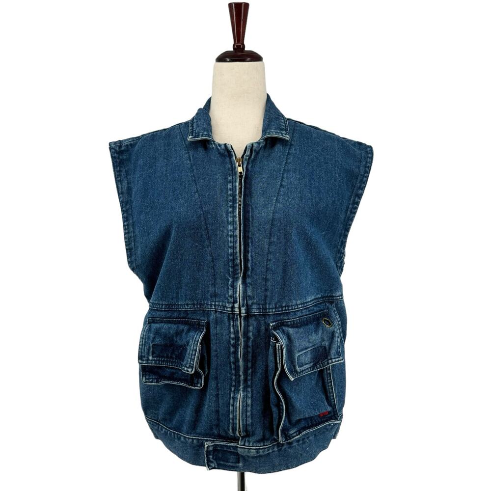 Vintage 90s Y2K RPM Denim Cargo Vest M Front Zipper Cotton Blue Jean